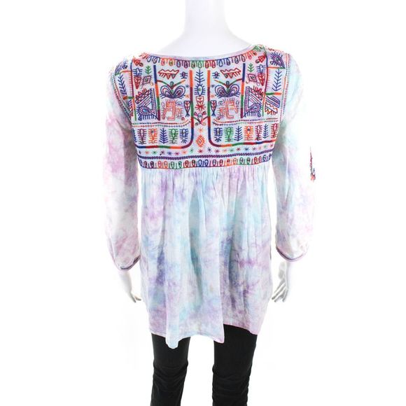 Calypso Saint Barth Womens 3/4 Sleeve Embroidered Tie Dyed Top Pink Blue Size 0 - Picture 3 of 6